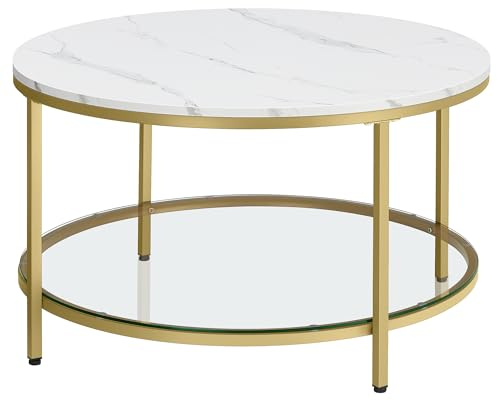 VASAGLE Coffee Table, Living Room Table, Sofa Cocktail Table Faux Marble Round, Tempered Glass Storage Shelf, Easy to Assemble, Modern Style, for Living Room, Marble White and Metallic Gold LCT071W59