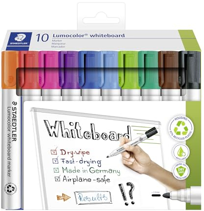 STAEDTLER whiteboard Marker Lumocolor, Linienbreite ca. 2,00 mm, schnelltrocknend, geruchsarm, lange Lebensdauer, blockierte Spitze, 10 whiteboard Marker in Faltschachtel, 351 C10