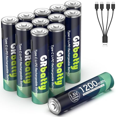 Pilas Recargables AAA GRbatty de Litio 1,5 V 1200mWh Alta Capacidad con USB con 4 en 1 USB Tipo C Cable, más de 1500 ciclos,Paquete de 12