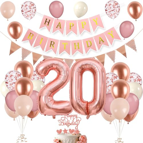 Ballons décoratifs pour 20e anniversaire - Or rose - Décoration d'anniversaire pour 20e anniversaire - Ensemble de décoration d'anniversaire pour filles - Ballons en forme de chiffre 20 ans - Ballons