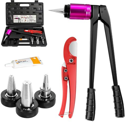 GSFTOP Pipe Expander Tool Kit, 1/2'' 3/4'' 1'' PEX Expansion Heads with Cutter and Lubricant, 360° Rotating Head Manual Expander for Plumbing and HVAC, Uponor Wirsbo ProPEX, PowerPEX PEX Fittings