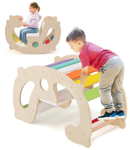 GOPLUS 2 en 1 Arche Escalade Montesorr Enfants, Arche à Bascule Cheval à Bascule en Bois avec Dossier et Siège, Jeu d'apprentissage d'Intérieur pour Enfants 1 Ans+, Charge 50KG