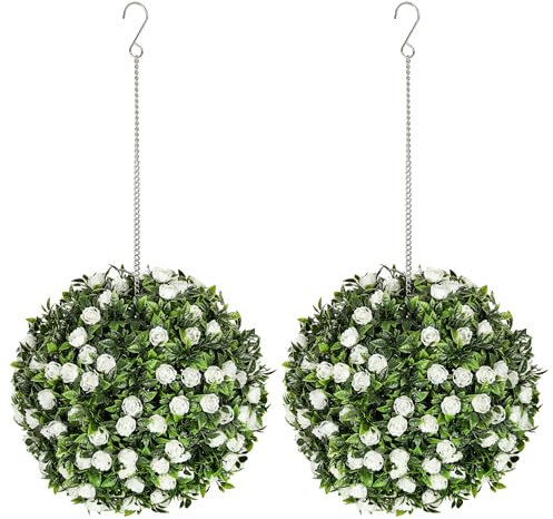 HOMCOM Set of 2 Decorative Artificial Plants, UV-protected Artificial Plant Topiary Rose Balls, Fake Plants for Home Indoor outdoor Decor, 28cm, White