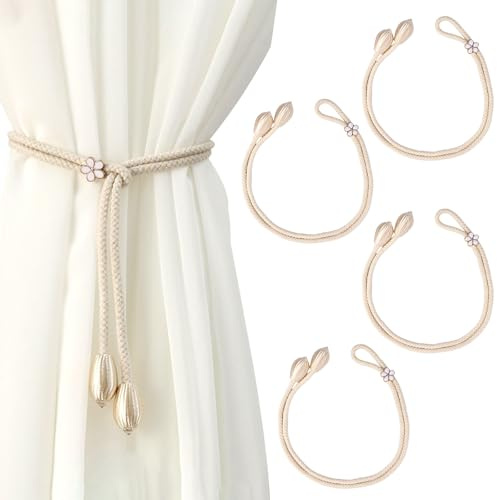 4 Pièces Embrasses de Rideaux, 48cm Embrases pour Voilages, Réglables Attache Rideaux, pour Fixation, pour la Maison, Le Bureau, la Décoration de Fenêtre, pour Décoration de Maison, Hôtel (Beige)