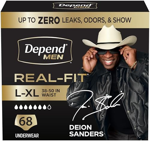Depend Real Fit Adult Diapers, Incontinence Underwear for Men, Disposable, Maximum Absorbency, Large/Extra Large, Black, 68 Count, Packaging May Vary