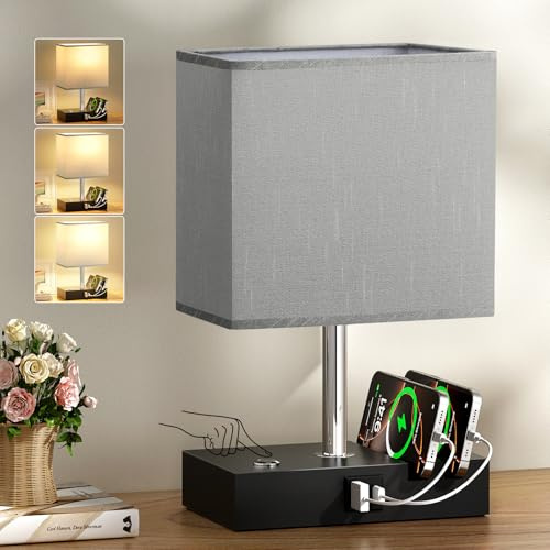 PreeOtti Grey Touch Lamp, Table Lamp with 2 USB Charging Station | USB A+C Charging Ports, Touch Lamps Bedside with 2 Phone Slots, Black Wood Base, Study, Office(Bulb Included)