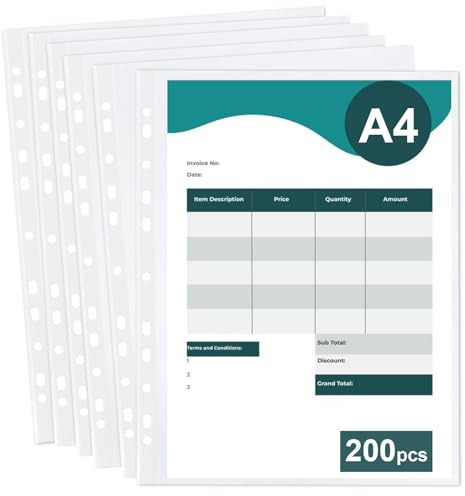 200 stycken genomskinliga fodral A4, genomskinliga filmer A4 glasklar (DIN A4, 60 My), universella 11 håls perforeringar A4 förvaringsformat genomskinliga filmer A4 för broschyrer mapp lösa blad