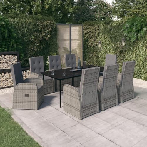 9-TLG. Gruppo da giardino grigio per terrazza, sedie regolabili in rattan con cuscino, telaio in acciaio verniciato a polvere, piano in vetro per pasti all'aperto