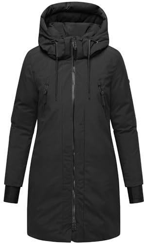 Navahoo Damen modischer Wintermantel warmer Parka mit (abnehmbarer) Kapuze und Rucksackträgern innen Winterzart 14 Black Gr. L