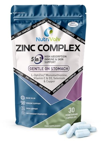 NutriVolv High Strength Zinc Complex with OptiZinc® Monomethionine – 30 Vegetarian Capsules | 5-in-1 Formula with Vitamin C, D3, Selenium & Copper | Immune Booster, Skin & Hair Support