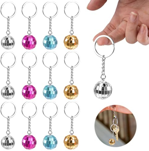 12 Pezzi Portachiavi a Sfera da Discoteca, 8.5x2.5cm Mini Portachiavi con Palla da Discoteca a Specchio, per Feste in Discoteca Anni '70 e '80, Matrimoni, Decorazioni per Casa(Argento,Oro,Fucsia,Blu)