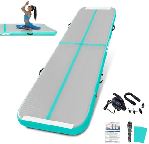 Triclicks Colchoneta de gimnasia artística 1/2.5/3/5M, 10CM de grosor, tapete de entrenamiento para uso doméstico/yoga/animadoras/gimnasio/diversión acuática(Verde con bomba,3M)