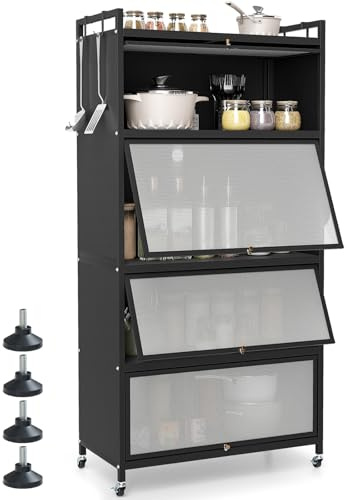 COSTWAY Armadio da Cucina a 5 Ripiani, Mobile Dispensa Cucina con Ruote Girevoli, 4 Porte PC a Ribalta e 4 Ganci, Mensola Microonde in Metallo per Soggiorno, Cucina, Sala da Pranzo (Nero)