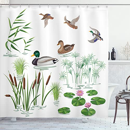Ambesonne Rubber Duck Shower Curtain, Lake Animals and Plants Lily Flowers Reeds Cane in The Pond Nature Park, Cloth Fabric Bathroom Decor Set with Hooks, 69 W x 75 L, Green White