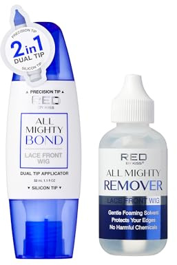 Red by Kiss All Mighty Bond Lace Front Wig Glue & Remover Set, Dual Tip Applicator, Instant Dry, Water Resistant, Strong Hold for Wigs, Frontals, Toupees, Safe for Sensitive Skin, Front Wig Remover