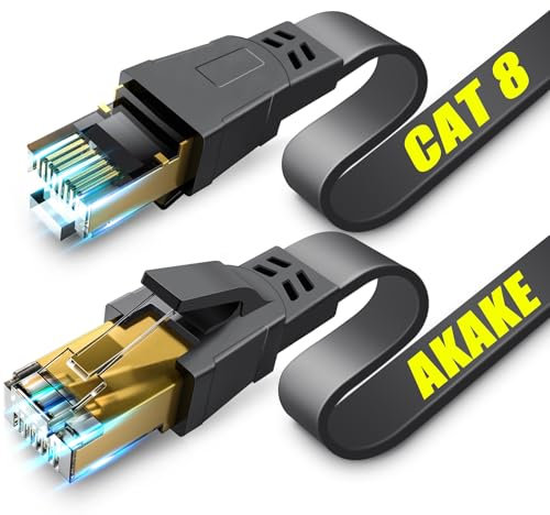 Akake Cat 8 Ethernet Cable, 1M Heavy Duty High Speed Flat Internet Network Cable, Professional LAN Cable, 26AWG, 2000Mhz 40Gbps with Gold Plated RJ45 Connector, Shielded in Wall, Indoor&Outdoor