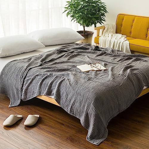 EMME Cotton Blanket Queen Size for Bed Soft Large Muslin Bed Blankets 228 x 228cm Lightweight Breathable Grey Blanket All Season Gauze, Grey