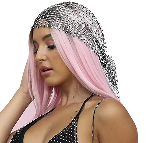 Women's Hollow Beanie Hat Bling Veil Cap Head Scarf Fishnet Stretchy Head Wrap Crystal Turban Skull Cap Headbands Hair Accessories Silver