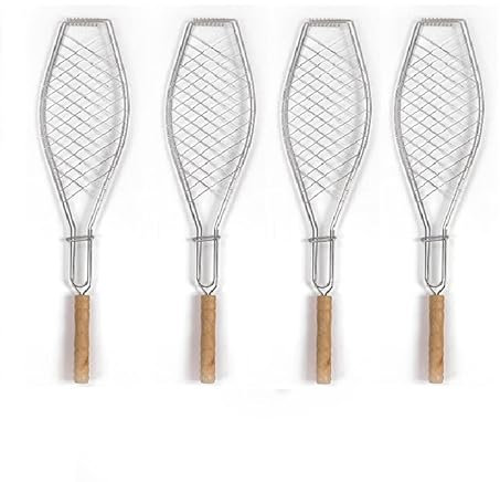 fikujap 4er-Set Fischgriller Mit Holzgriff, Fischhalter Fischwender Fischgrill Metall BBQ Fischbräter Gemüsekorb, Tragbar Edelstahl Fischgrillzange Fischkorb Für Fleisch, Steak, Garnelen