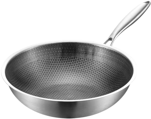 UPKOCH Padella Wok in Acciaio Inox 20.5 Pollici Con Rivestimento Antiaderente a Nido D'Ape Manico Ergonomico Riscaldamento Rapido E Uniforme Per Cucina Professionale E Uso Quotidiano
