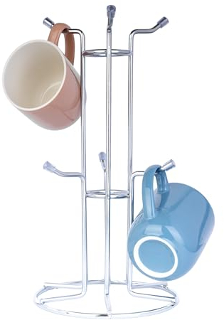 Homiu Silver Metal Mug Tree - 6 Hooks, Holds 6 Large Mugs, Stable & Multi-Purpose, Modern Design