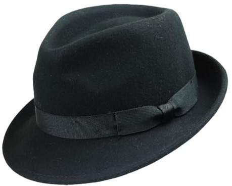 ROYALWORTH Sombrero Trilby 100% lana, impermeable y aplastable, hecho a mano con banda de grogrén, Negro, 61