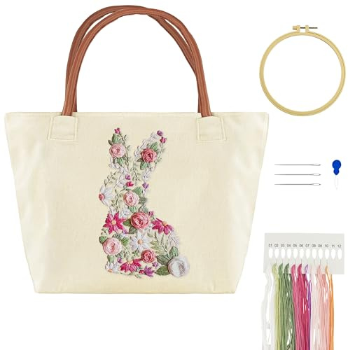 Turmaster Broderikit Vuxen med Canvas Tote Bag, Broderikit Vuxen Nybörjare med Kaninmönster, Broderiram, Trådar, Nålträdare och DIY Broderiverktyg, Vit