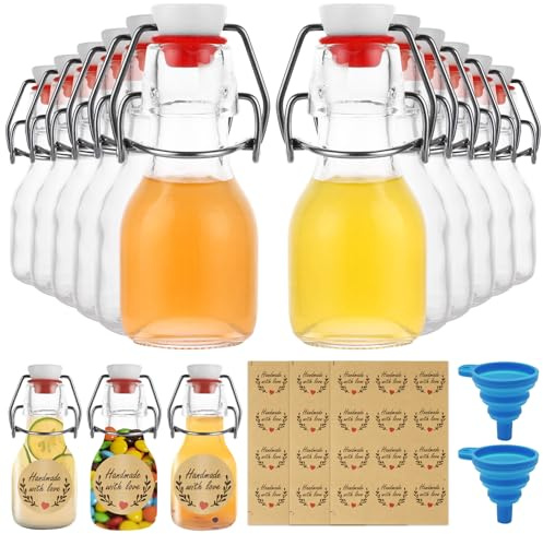 DAJAVE 30 bottiglie di vetro da 60 ml con tappo a leva, piccole bottiglie da riempire, con 2 imbuti in silicone e 3 etichette, bottiglie di vetro per olio, aceto, succo e limonata