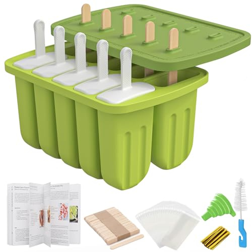 Ice Lolly Mould 10 Pieces Silicone Popsicle Mold BPA Free Homemade Reusable Ice Cream Moulds with 50 Wooden Sticks,50 Bags,10 Reusable Sticks, Funnel,Brush and Recipe