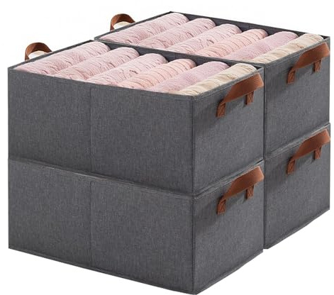 Ruucy 4 Pezzi Scatole per Armadio, Scatole Portaoggetti Pieghevoli In Tessuto 45 x 28 x 20 cm, 2 Maniglie, Contenitori per Vestiti, Libri, Giocattoli, Organizer Armadio