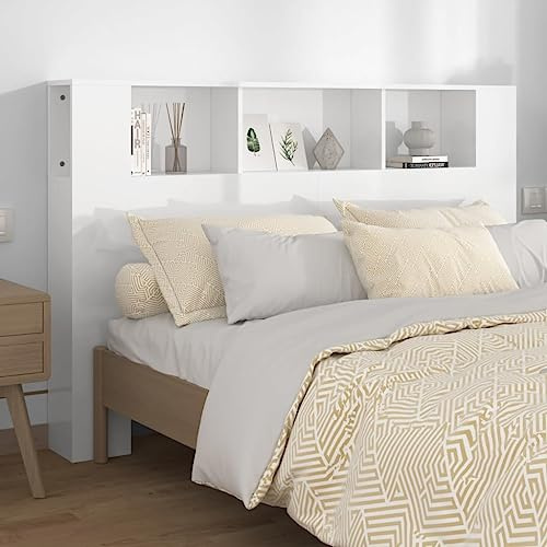 Qnhdfrt Kopfteil mit Ablage Hochglanz-Weiß 160x18,5x104,5 cm aus Holzwerkstoff Modernes Bücherregal-Headboard für Doppelbett Schlafzimmer Stauraum