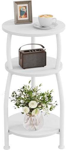 Yuede Round Side Table, 3 Tier Slim Round Coffee Table, Small End Table with Storage Shelf, Bedside Table, for Living Room, Bedroom, Small Space, Metal Frame, Vintage, 30 x 55 cm (White)