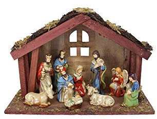 11 Piece Ceramic Nativity with Wooden Stable by Gisela