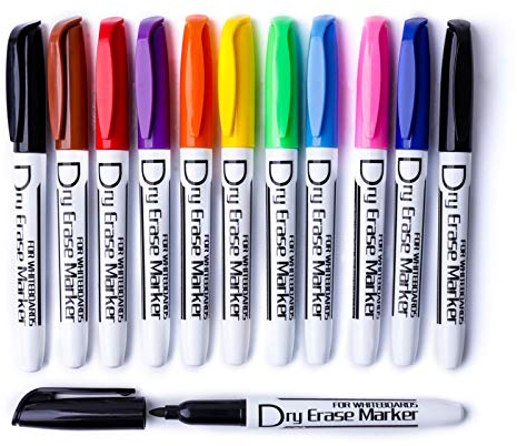 Volcanics Whiteboard Marker Whiteboard Stifte Dry Erase Markers 12er Set Rundspitze Folienstift Abwischbar Glasboard Marker Trocken Rückstandsfrei Boardmarker Fein (10 Farben)