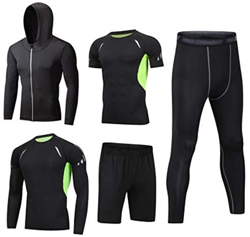 HZQIFEI Män 5 st sport gym fitness set träningsoveraller huvtröjor jackor + långärmad + kortärmad baslager t-shirts + lösa passande shorts + kompressionsbyxor, stil nr 1, 3XL