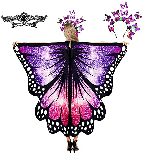 plainshe Ailes de papillon, ailes de fée pour adultes, costume de papillon violet, costume d'Halloween pour femme, ensemble de 3 capes.