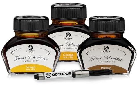 Octopus Schreibtinte Bronze, Orange, Mango, Füllhaltertinte im Tintenglas mit Konverter, Geschenkset Schreibtinte für Füller und Feder, Tinte zum Schreiben und Malen, 3 x 30 ml