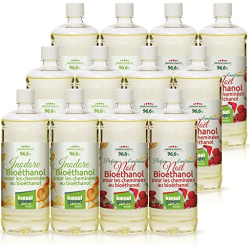 KieselGreen Bioéthanol 12 x 1 Litre Set (6x avec Parfum + 6x Inodore) pour Cheminée à l'éthanol - Bioéthanol comme Parfum - pour Cheminée à l'éthanol Bio intérieur ou feu de Table au Bioéthanol WE