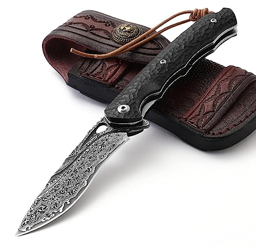 DRACHENADER Couteau de poche damassé élégant avec étui en cuir, couteau pliant artisanal VG10 avec clip de ceinture, manche en bois