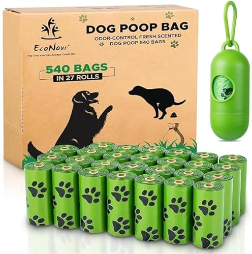 EcoNour Sacchetti Igienici per Cani 540 Pezzi Biodegradabili con Profumo Anti-Odore e Dispenser - A Tenuta Stagna, Facili da Estrarre, Resistenti e Ampi per una Pulizia Pratica e Igienica.