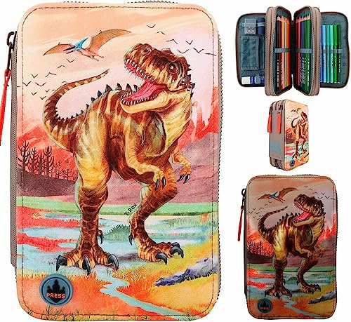 Depesche 12381 Dino World - Gefüllte 3-Fach Federtasche im Dinosaurier-Design mit LED, Federmäppchen mit Buntstiften, Lineal, Schere UVM.