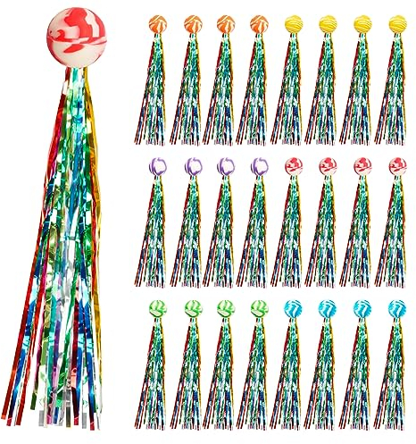 SUPRBIRD Hüpfbälle für Kinder, 24 Stück Flummis Springball Gummiball mit Farbige Bänder, Springball mit Quaste, Flummies für Kinder Mitgebsel Tombola Kindergeburtstag