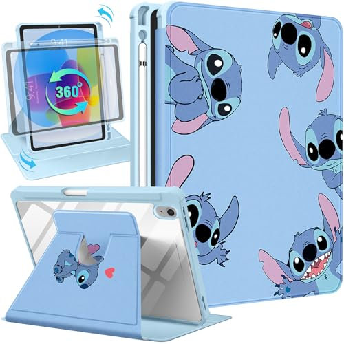 Koecya for iPad 10th Generation Case 10.9 Inch 2022 Cute Cartoon Kawaii for Girls Kids Girly Women Design Covers,360 Degree Rotating Folio Stand Pencil Holder for i Pad 10 Gen inch,Black