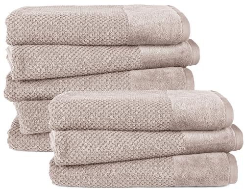 Pure Label 8-TLG. Badetücher Set mit Anhängeschlaufe aus 100% Baumwolle, saugstark, weich und Oeko-TEX Zertifiziert - 8 Badetücher aus Baumwolle 70x140 cm, Beige - Taupe