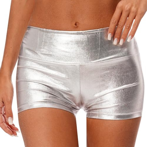 iEFiEL Metalliska dam hotpants korta sportshorts yogabyxor sportbyxor dans gymnastik kläder casual fritid shorts fitness byxor, Za silver A, S