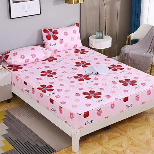 FOREPOTY Spannbetttuch atmungsaktiv & weich,Kinderzimmer-Cartoon-Bedruckte, verdickte, Gesteppte, wasserdichte Urinbox-Spannbettlaken, Erdbeere, 180 x 220 cm + 25 cm (3 Stück)
