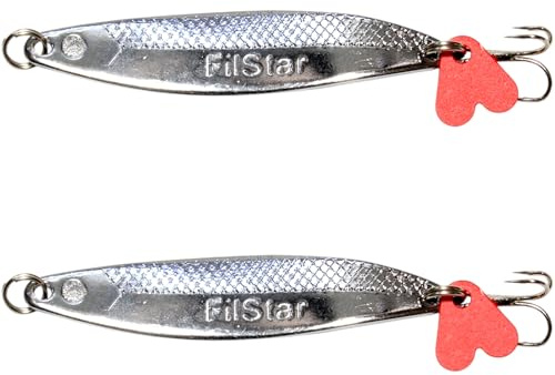 PRO FILSTAR Asymmetrisk öring spoon silver set 2 st, trekrokar graverat öringbete – blinkers öring & rovfisk fiske bete set – havskatt och gädda fiskbete – konstbeten wobbler (7,4 cm/10 g)
