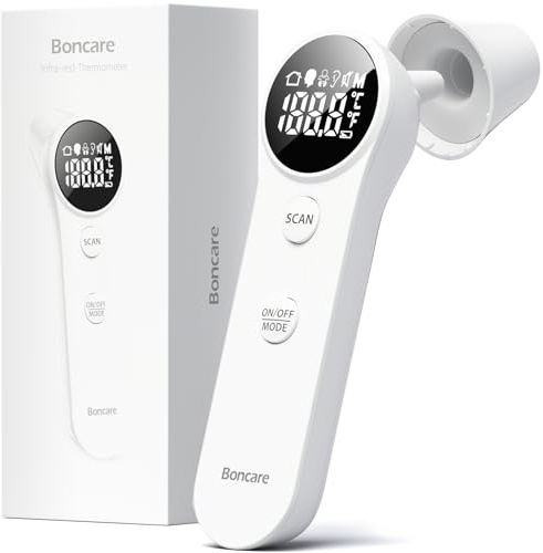 Boncare Ear and Forehead Thermometer, 2X Accuracy Infrared Digital Thermometer for Adults and Kids, 1 Second Reading, No Touch Baby with Fever Alarm