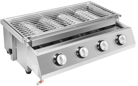 Silber Gasbräter Gasgrill, 4 Brenner BBQ Tischgrill Edelstahl Gastrobräter LPG Gas Grills Höhenverstellbar Abnehmbarer Grill, für Camping Balkon Garten,zum Grillen von Hähnchen und Kebabs