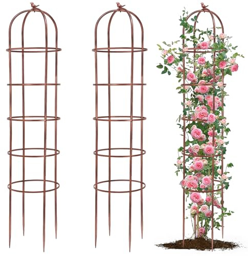 HEYTIMI 2 PCS 7 FT Metal Garden Obelisk Trellis for Climbing Plants Outdoor, Sturdy Steel Plant Support Cast Iron Finial Large Arch Vertical Yard Art for Vines Clematis Rose Potted Plants (Rose Gold)